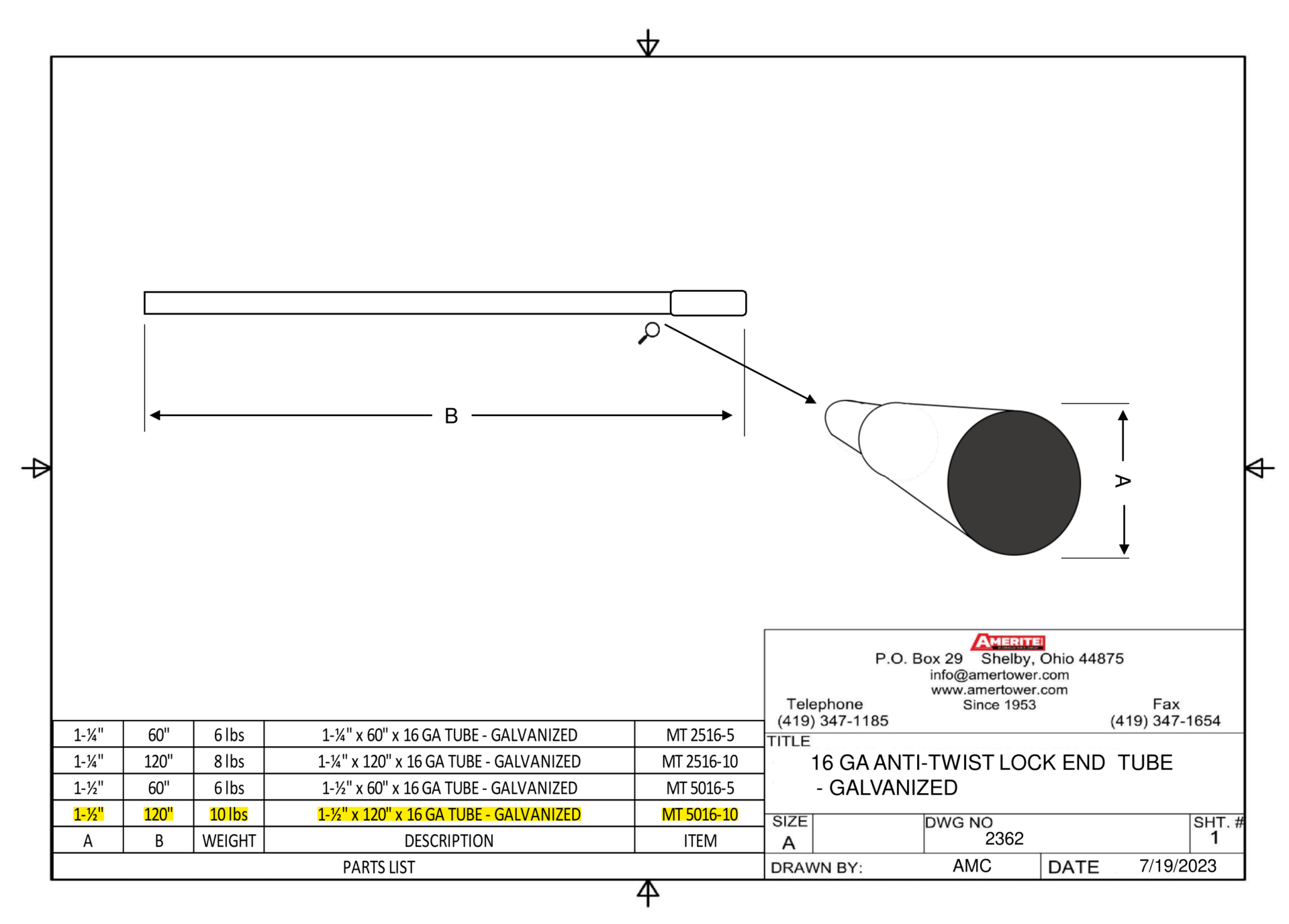 1-1/2" x 120" Expanded End Mast Tube Spec Sheet