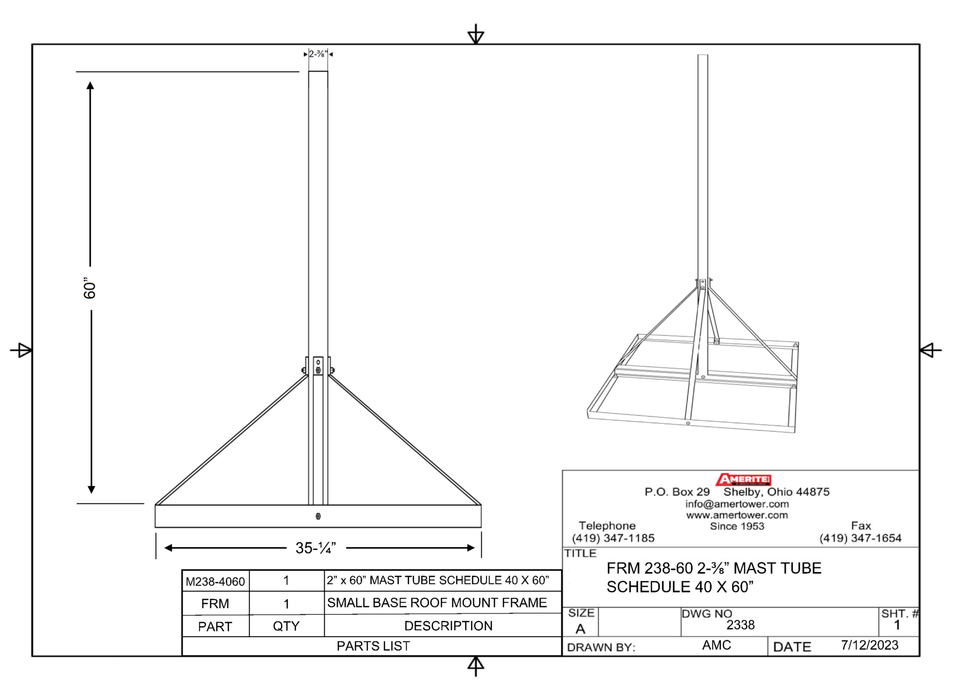 Amerite Small Base Roof Mount 2.38" x 60" Schedule 40 Spec Sheet