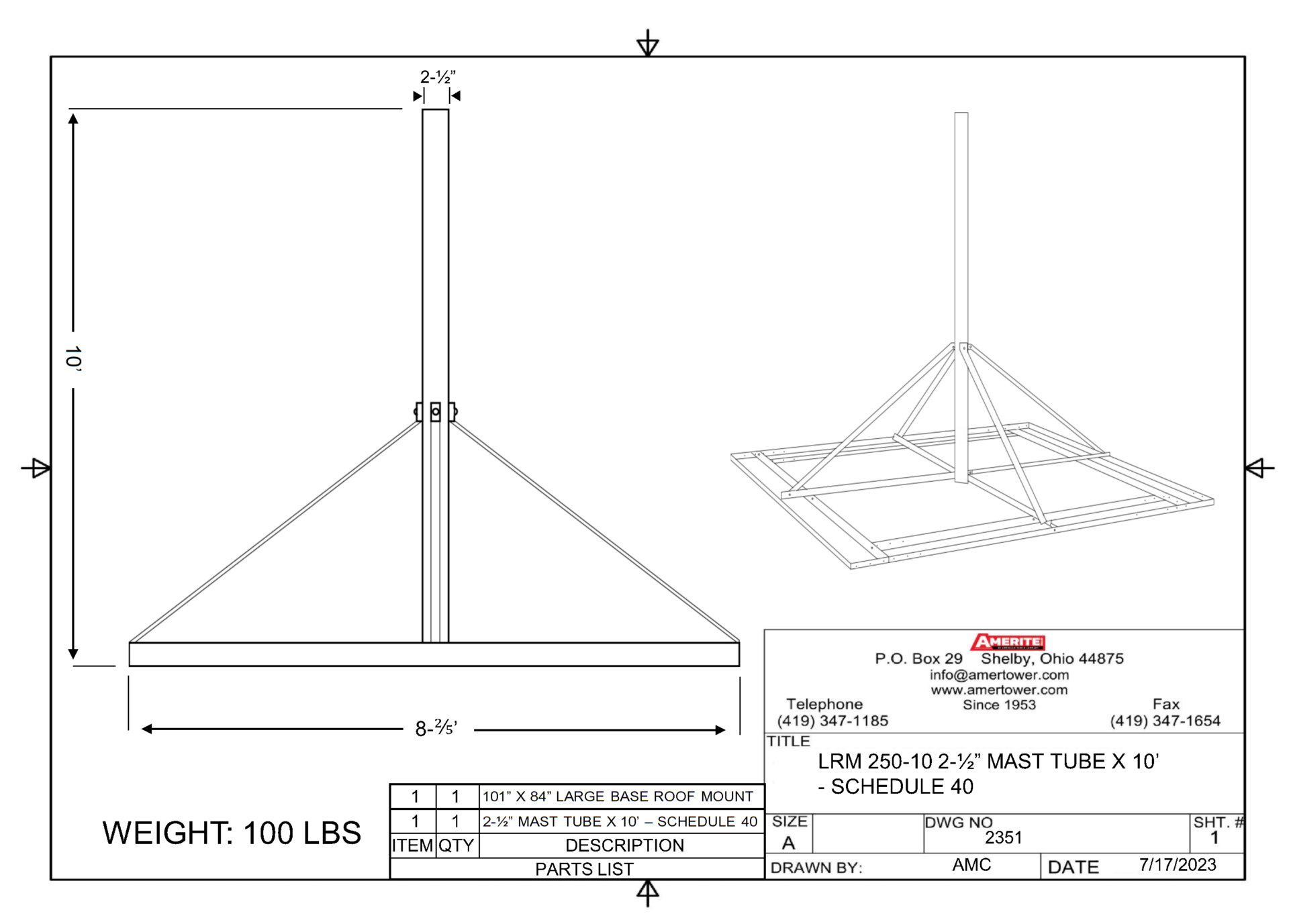 Amerite Large Base Roof Mount 2.5" x 120" - Schedule 40 Spec Sheet