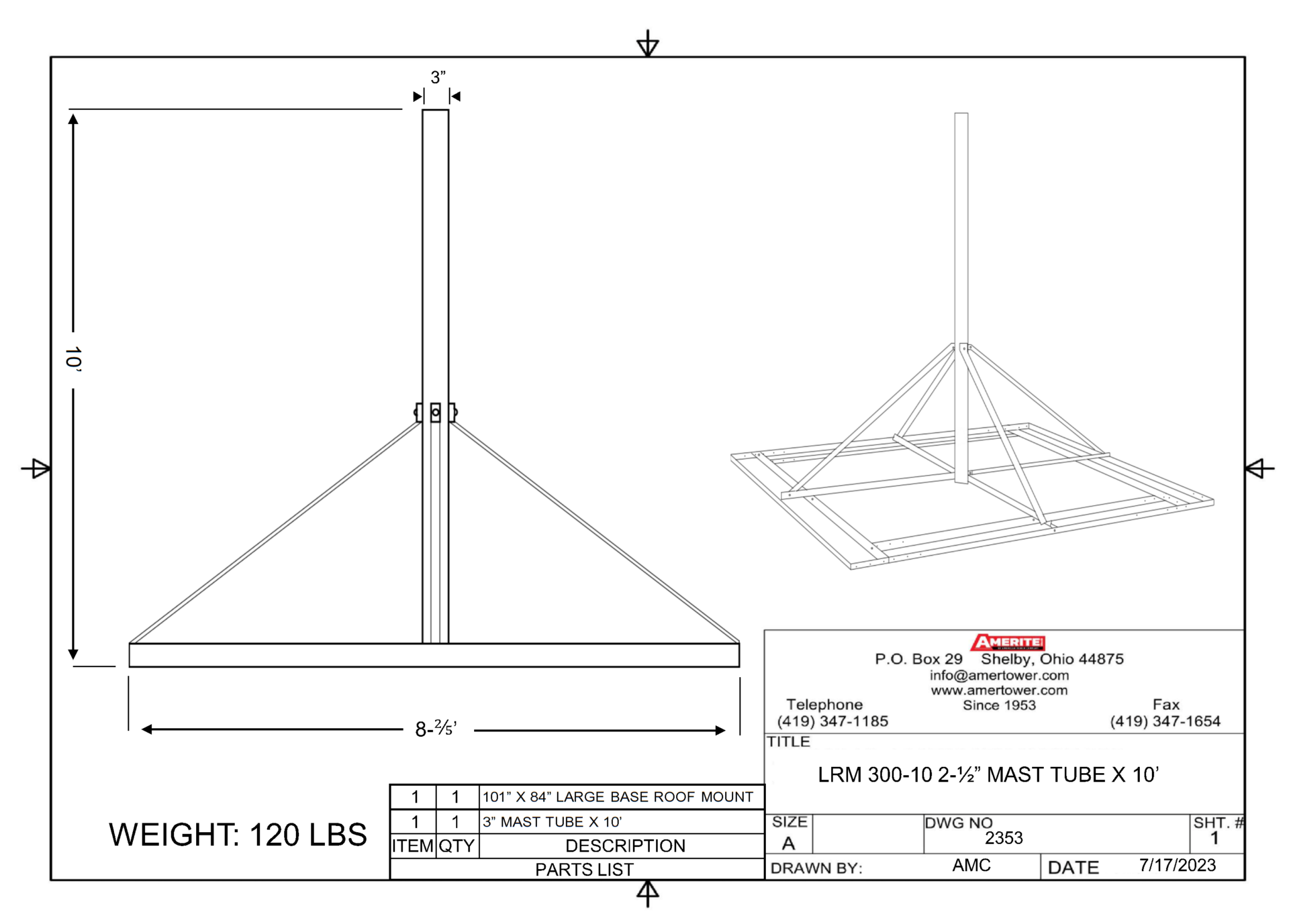 Amerite Large Base Roof Mount 3" x 120" - Schedule 40 Spec Sheet